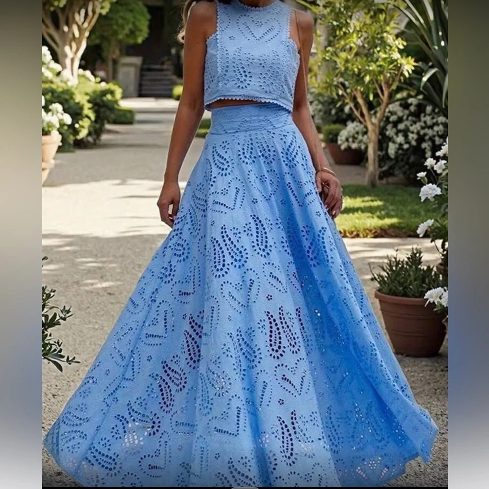 Elegant Black Eyelet Maxi Skirt and Top Set